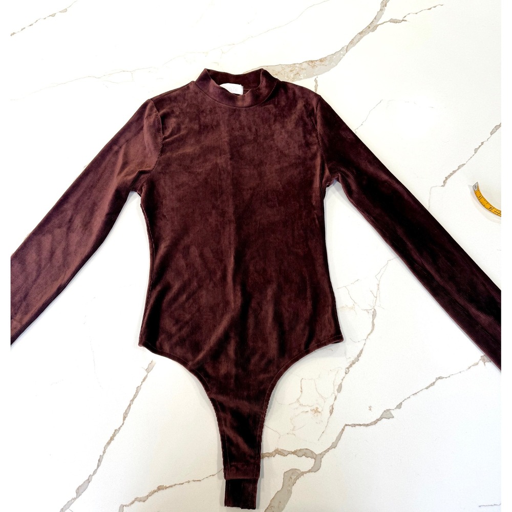 ISALIS Brown Velour Mock Neck‎ Long Sleeve Thong Bodysuit Women's